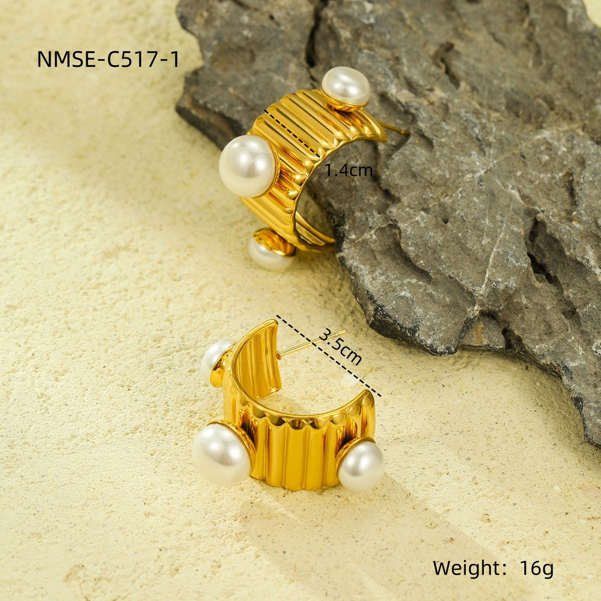 Aretes de acero inoxidable con forma de C, estilo francés vintage, con baño de oro de 18K y detalles de perlas