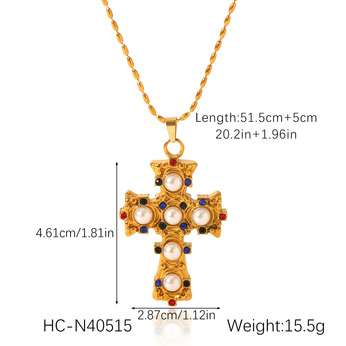 Collana con Pendente a Croce Stile Vintage in Acciaio Inossidabile con Intarsio di Perle e Placcatura in Oro 18K da Donna