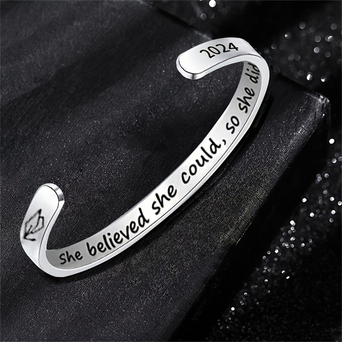 Adjustable C-Shaped Stainless Steel Engraved Bracelet with Inspirational Message, Minimalist Geometric Design