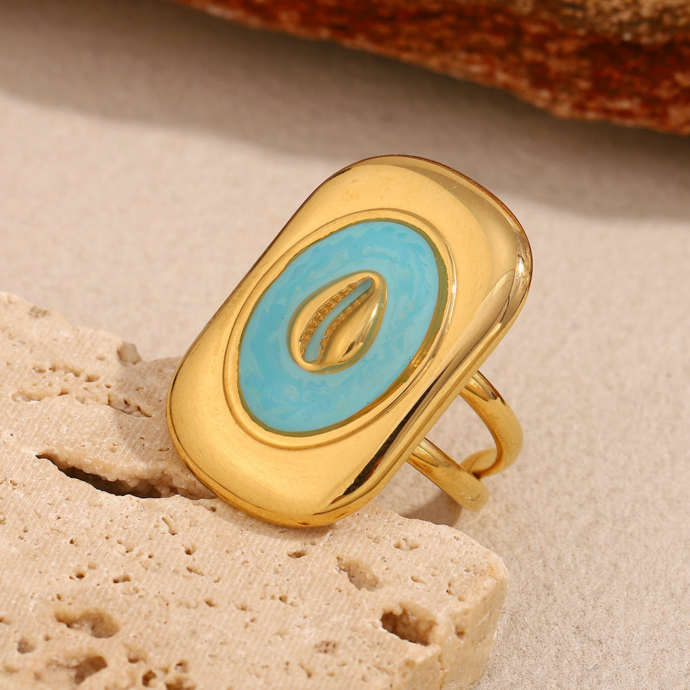 Fashion Geometric Stainless Steel Ring with 18K Gold Plating and Enamel Finish for Women