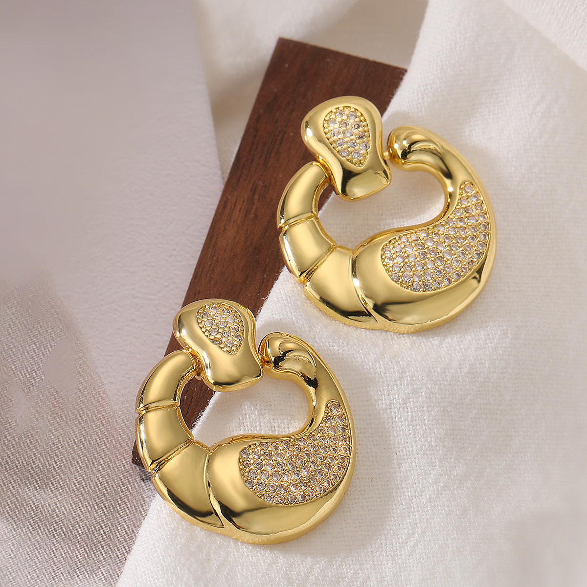 Minimalist Geometric Copper Earrings with Real Gold Plating and Zircon Accents for Women