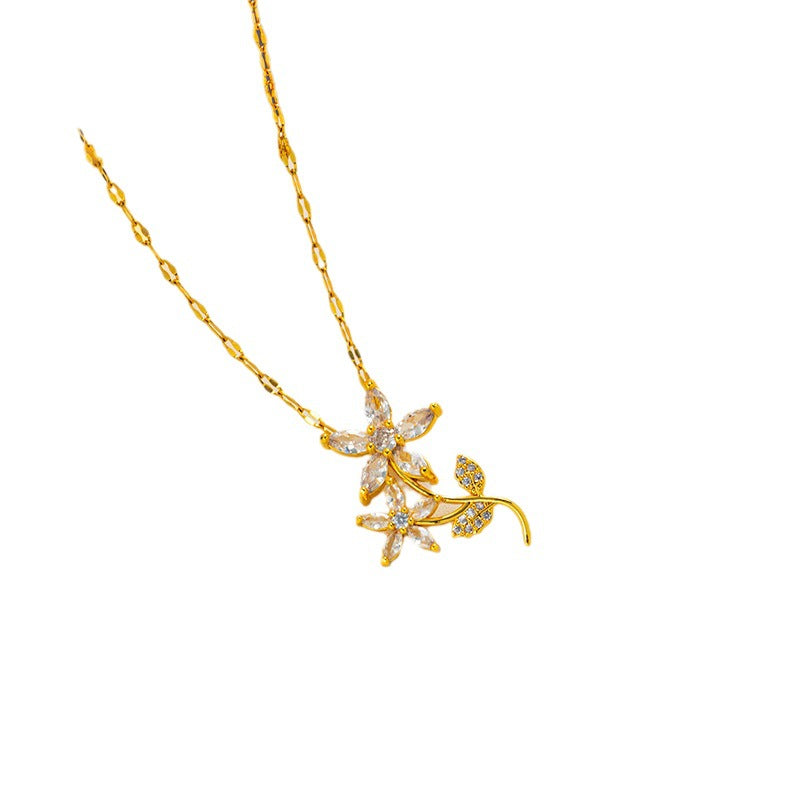 Vintage Floral Blossom Pendant Necklace for Women Made of Titanium Steel with Rhinestone Inlay and Polished Waterwave Chain