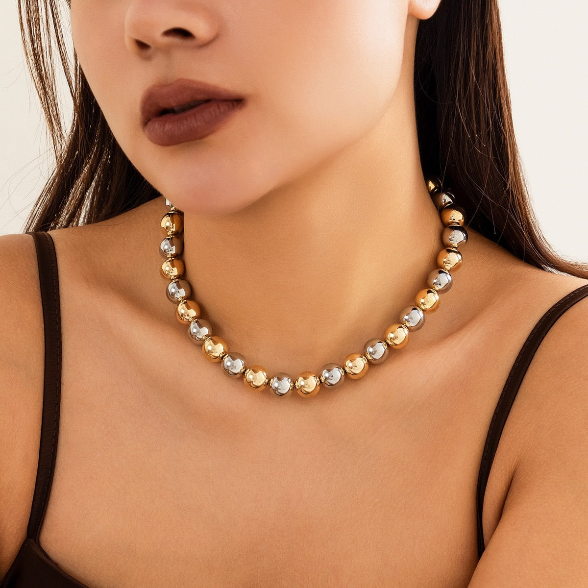 Punk Geometric Round Resin Beaded Ball Chain Necklace for Women