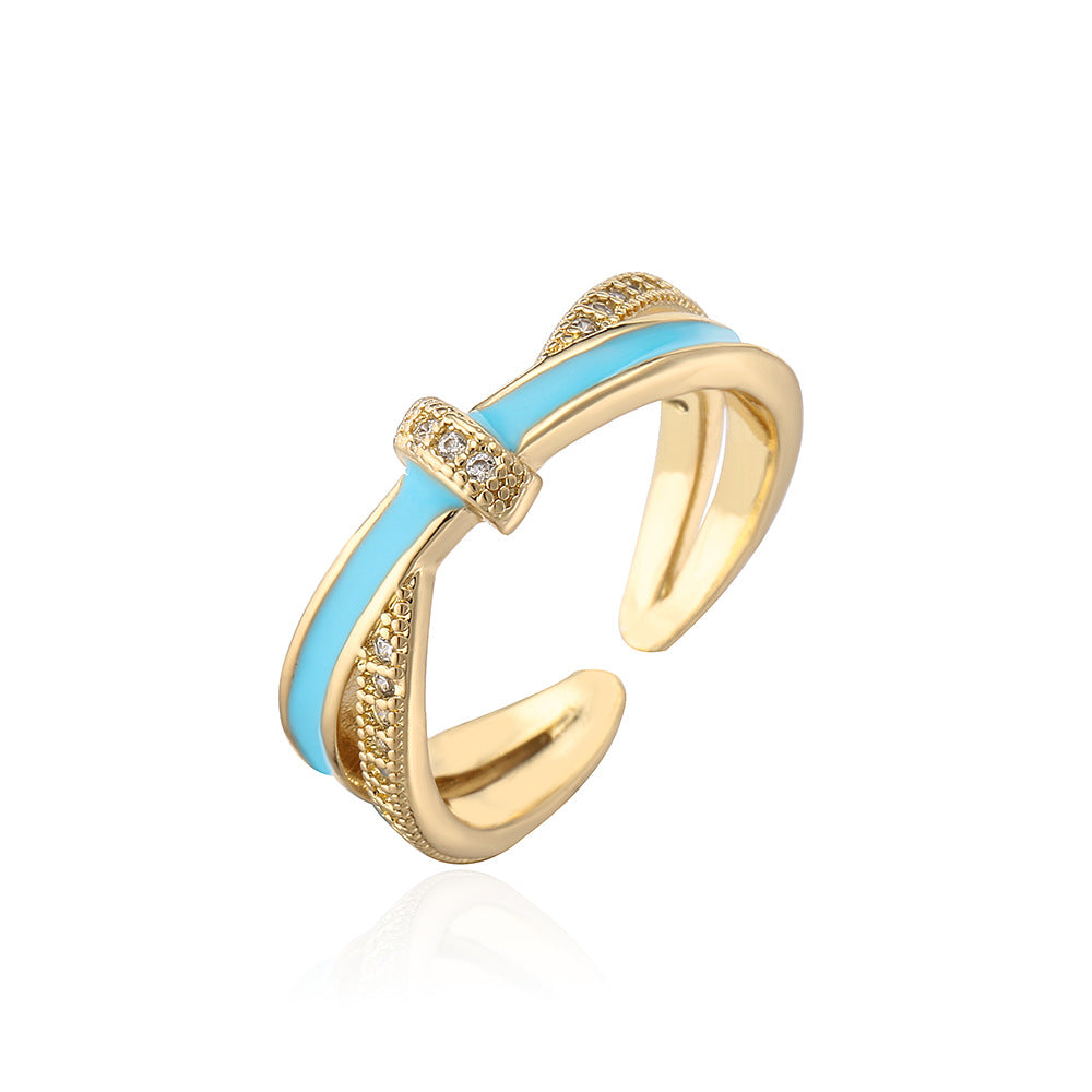 Minimalist Geometric Open Ring for Women in Copper with 18K Gold Plating and Enamel Finish, Set with Zircon