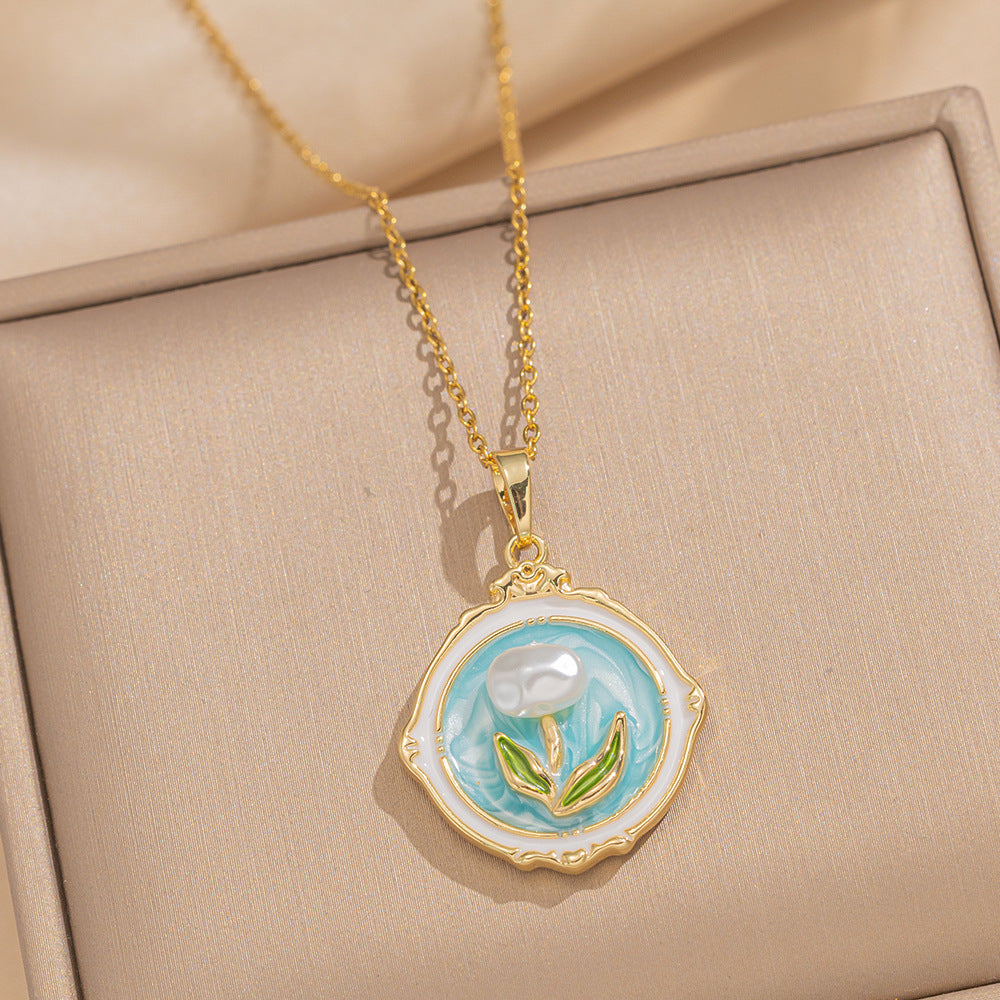 Baroque Style Leaf-Shaped Titanium Steel Necklace with Tulip Floral Motif, Vacuum-Plated for Hypoallergenic Wear, O-Chain Design