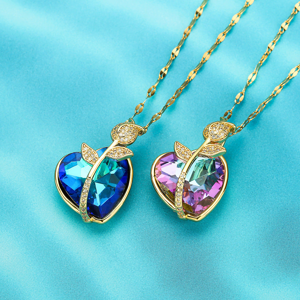 Romantic Rose Flower Shaped Pendant Necklace for Women with Copper Base Plated in 18K Gold and Zircon Accents Ocean Heart Design