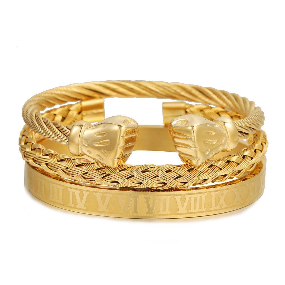 Personalized Gold Plated Titanium Steel Fist Bracelet with Roman Numerals for Men and Women