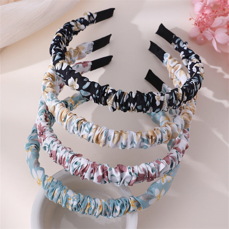 Diadema de tela rizada con estampado floral retro para niñas con revestimiento de resina brillante, accesorio de verano bohemio para el cabello
