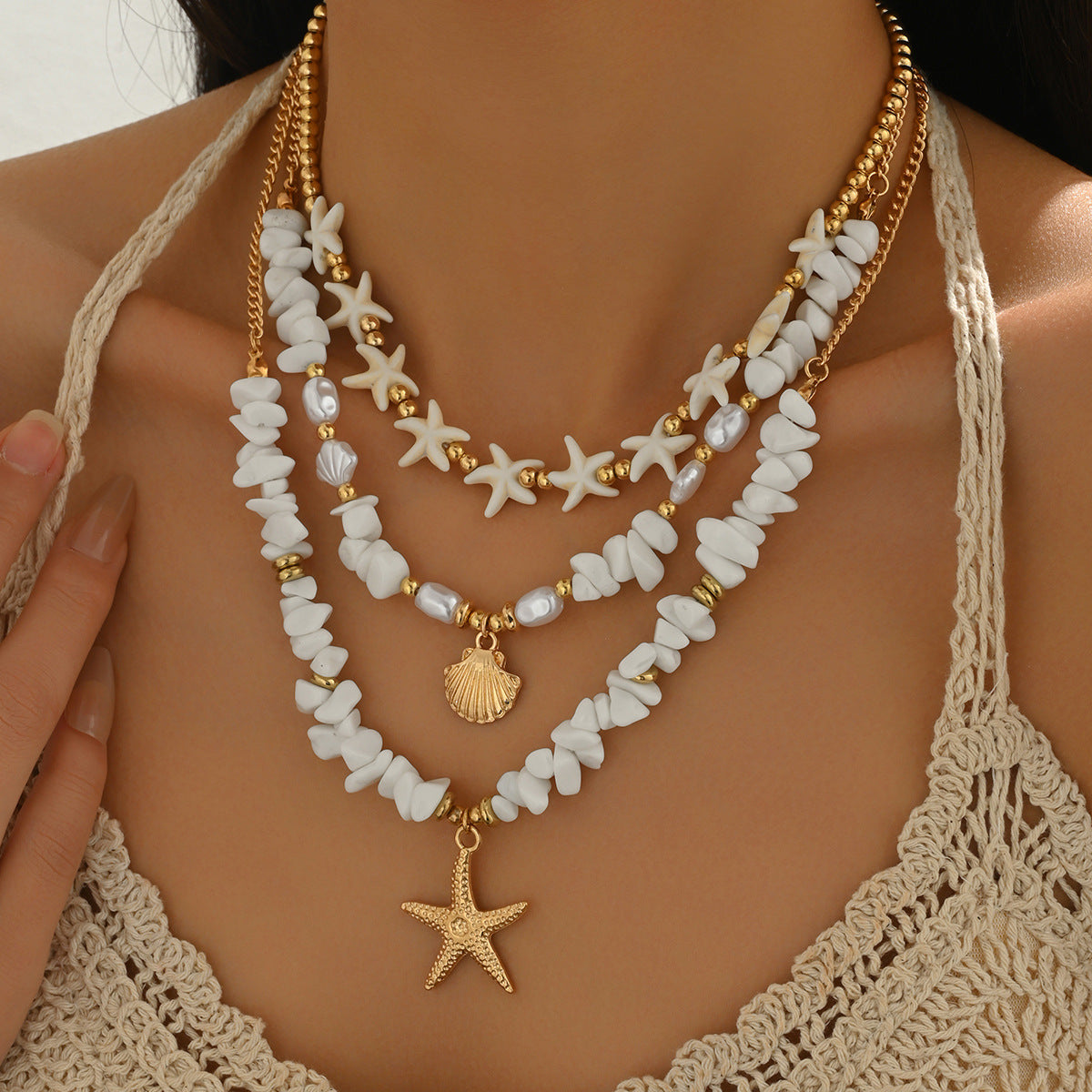 Bohemian Style Star and Shell Shaped Zinc Alloy Necklace with Woven Texture for Women