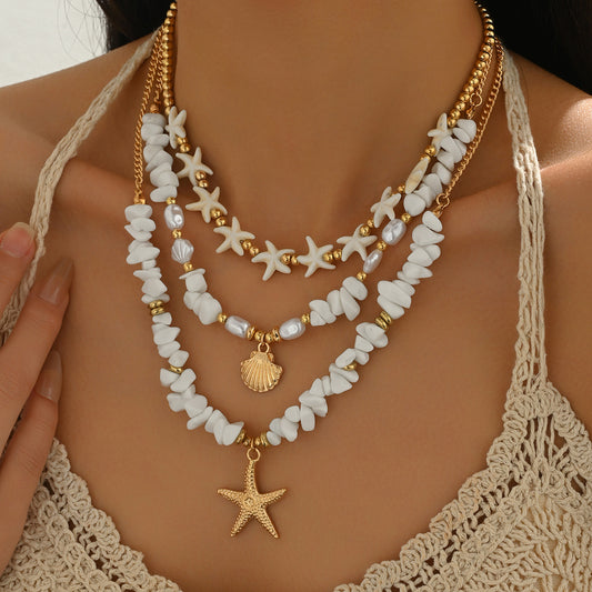 Collar de aleación de zinc con forma de estrella y concha de estilo bohemio con textura tejida para mujer