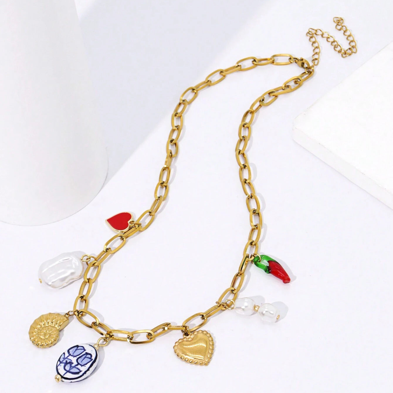Plated Stainless Steel Heart Geometric Floral Pendant Corn Chain Necklace for Unisex DIY Charm Bar