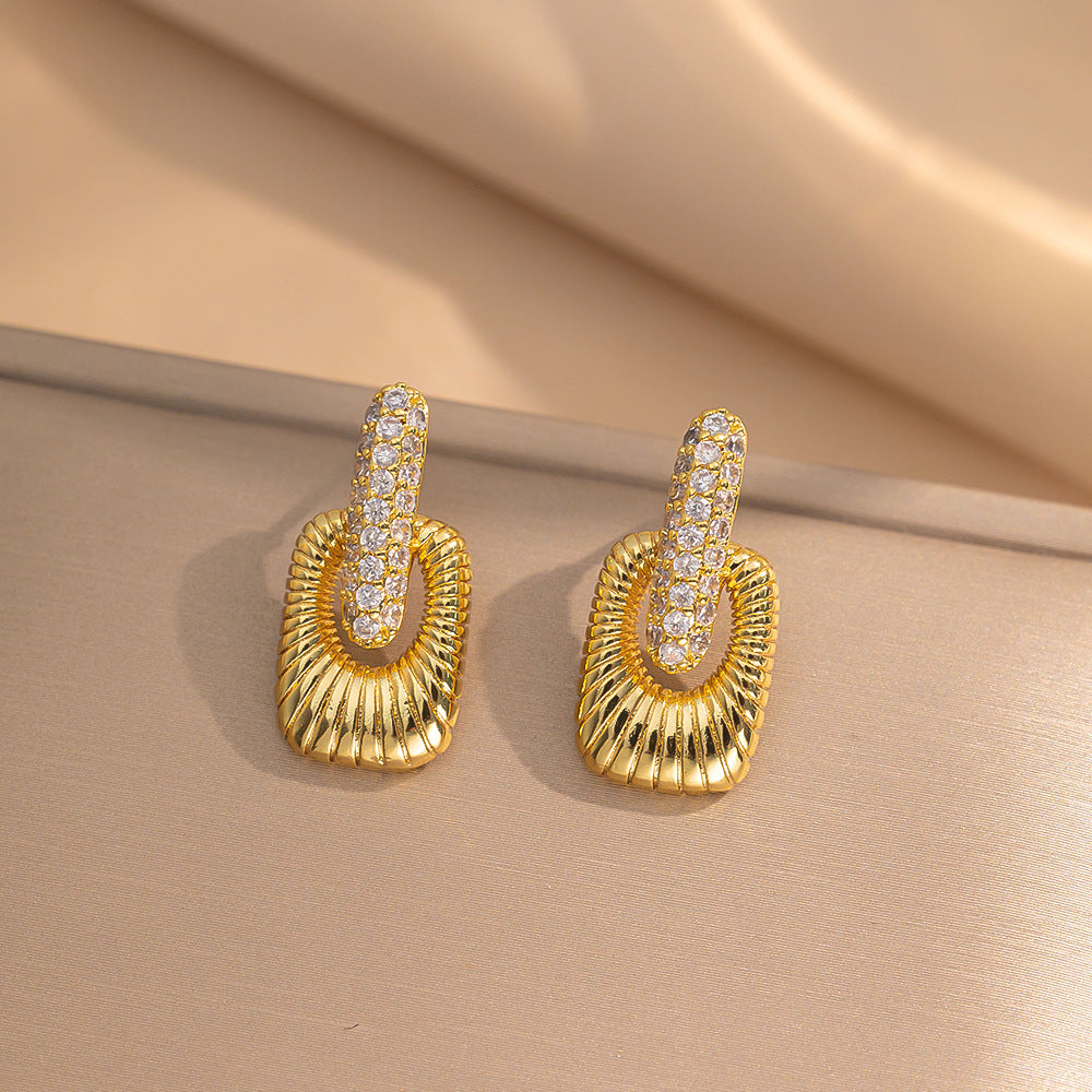 Minimalist Modern Square Rhinestone Stud Earrings in Titanium Steel with Vacuum Gold Plating for Women