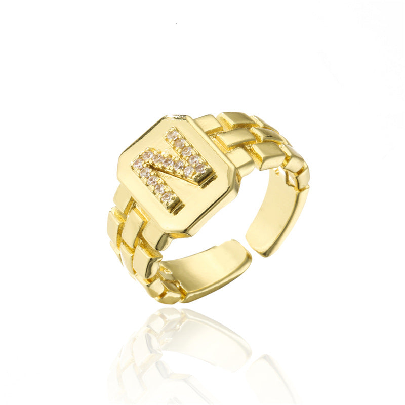 Minimalist Adjustable Open Ring with 18K Gold Plated Copper Band and AAA Zircon Letters Design