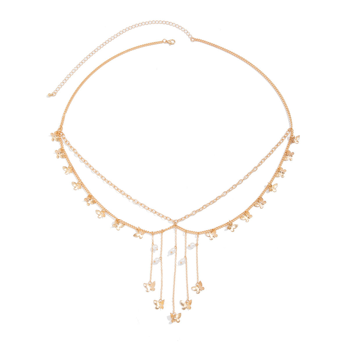 Cadena de cintura metálica minimalista con forma de estrella y mariposa, detalles de perlas y borlas para mujer