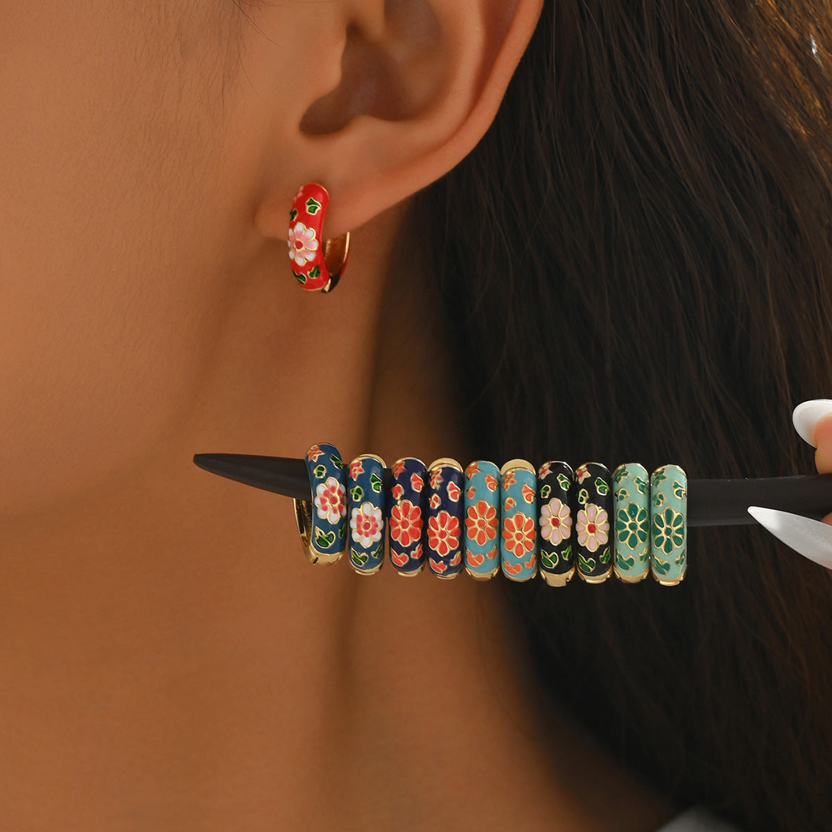 Vintage Floral Enamel Earrings for Women with Geometric Shape and Eco-Friendly Copper Post