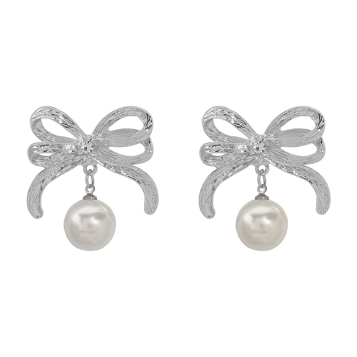 Lindos aretes de aleación con forma de moño, diseño minimalista, con perlas de imitación y detalles de diamantes de imitación