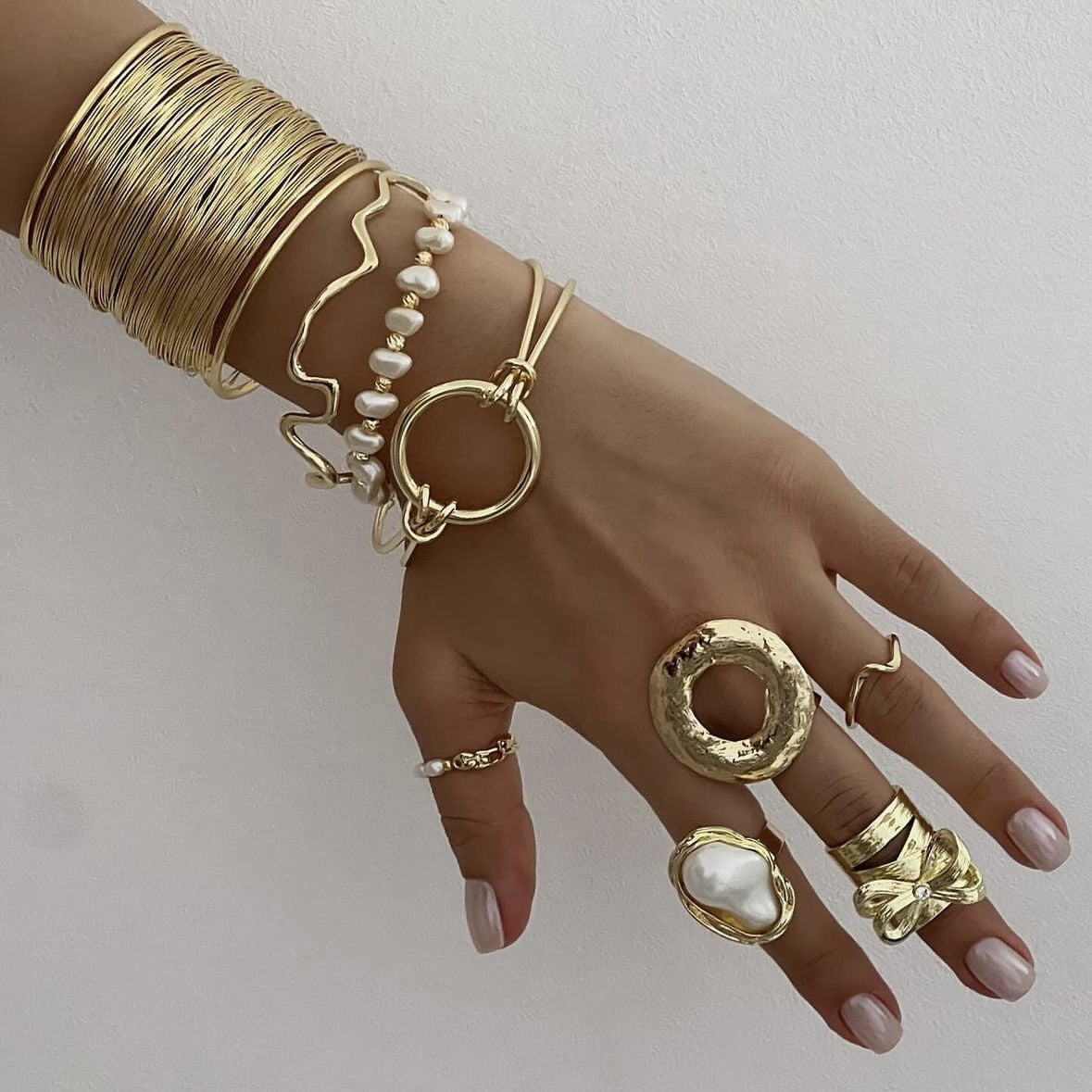 Bracciale e anello aperti in lega placcata con linea geometrica ovale, stile Sweet Cool Minimalista