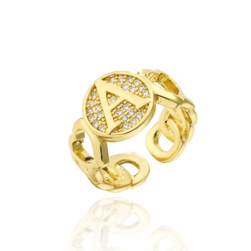 18K Gold Plated Brass Micro-Paved Cubic Zirconia Heart Letter Cuban Link Chain Open Ring for Women