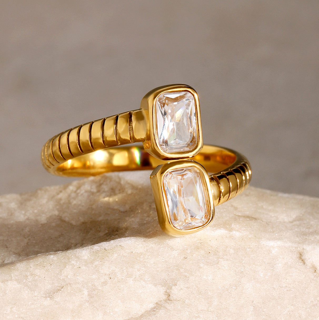 Elegant Stainless Steel Rhinestone Open Ring for Women with Plated Finish Minimalist Fashion Accessory