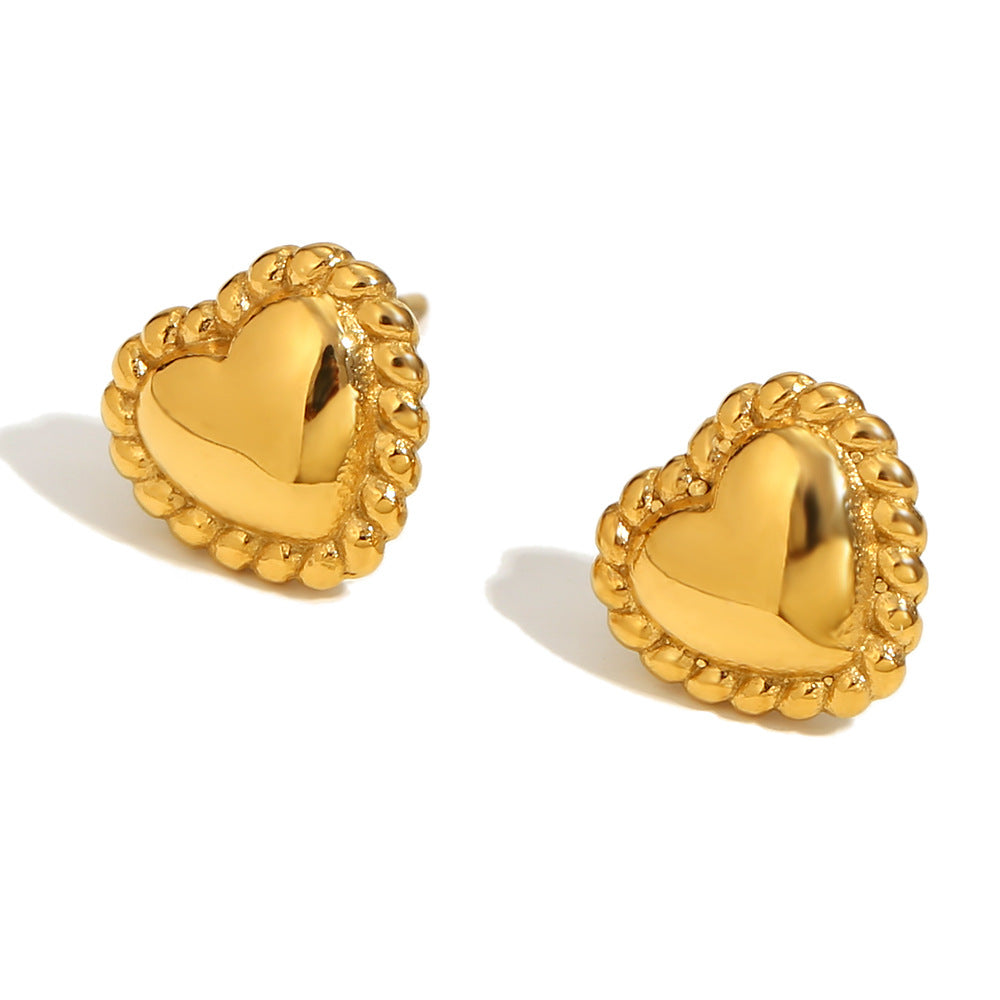 Minimalist Heart-Shaped Stainless Steel Necklace with 18K Gold Plating and Matching Gold-Tone Heart Stud Earrings for Women