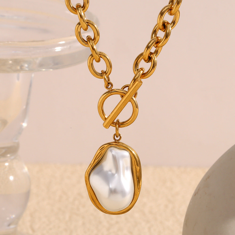Collana vintage con pendente a perla barocca in acciaio inossidabile placcato oro 18 carati con design geometrico per donna