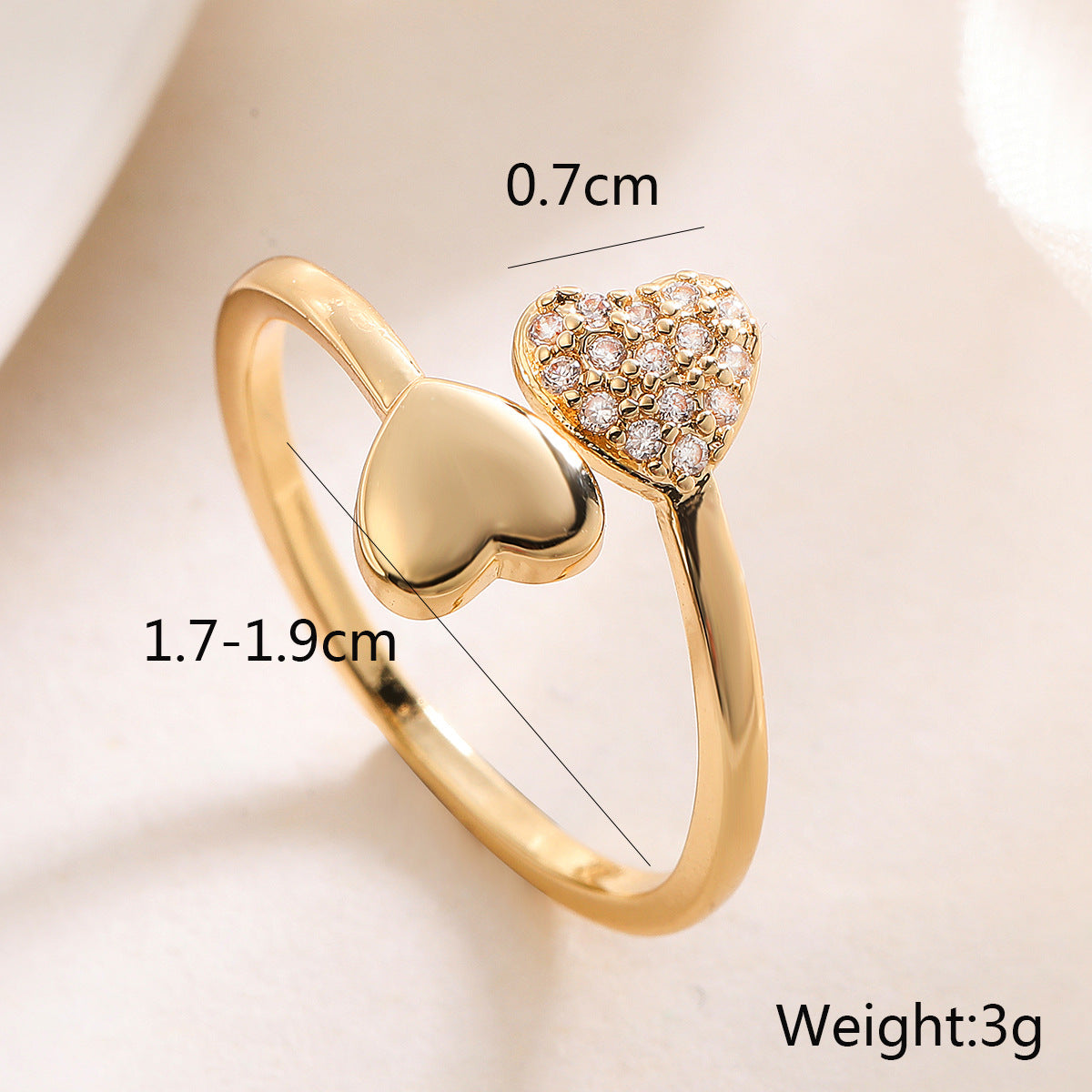 Minimalist 18K Gold Plated Brass Micro-Inlaid Cubic Zirconia Heart Leaf Open Ring for Women