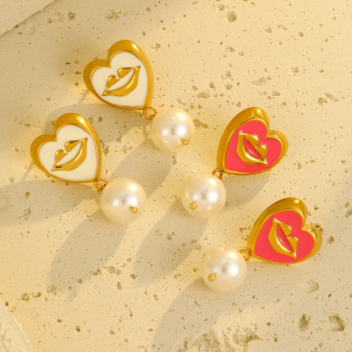 18K Gold Plated Stainless Steel Heart and Lips Pearl Drop Earrings for Women