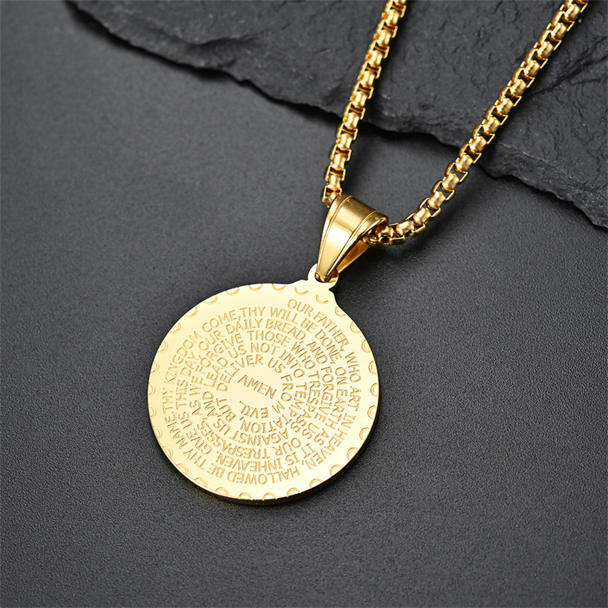 18K Gold Plated Geometric Round Stainless Steel Pendant Necklace with Curb Chain for Unisex