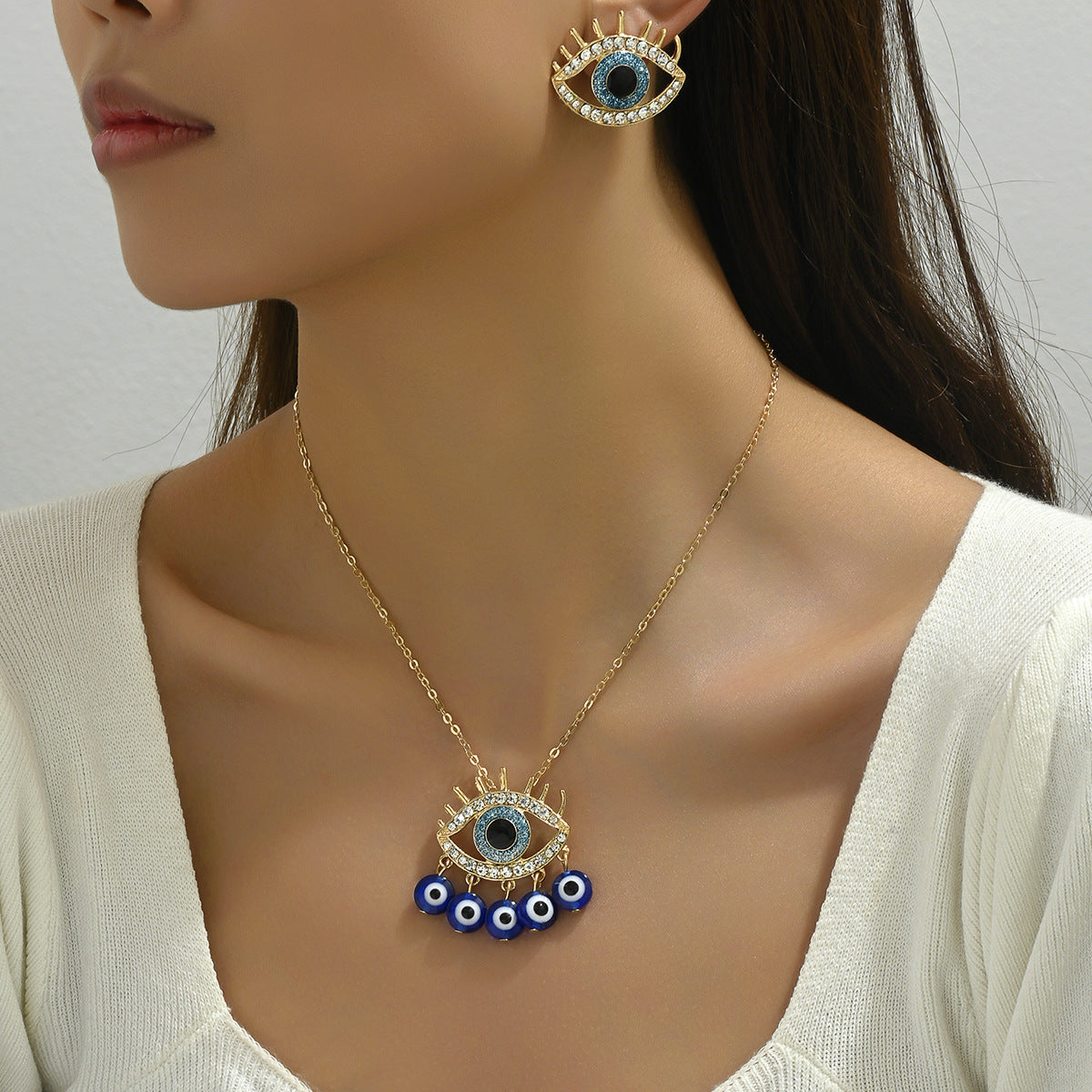 Pendientes y collar minimalistas de aleación con pedrería de ojo turco para mujer