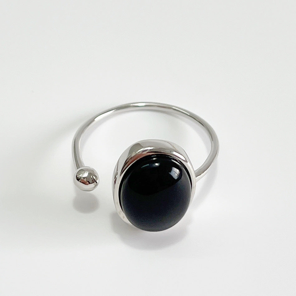 Punk Geometric Oval Black Agate Inlay Plated 925 Sterling Silver Ring for Women