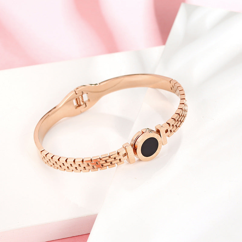 Minimalist 18K Gold Plated Titanium Steel Roman Numeral Watch Style Cuff Bracelet for Women