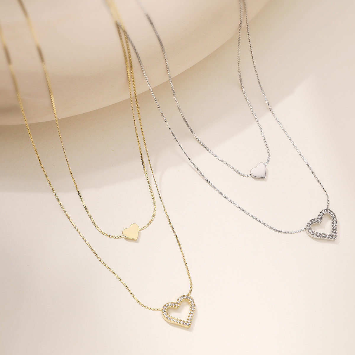 Minimalist Double Layer Heart Geometric Stainless Steel PVD Cubic Zirconia Necklace for Women