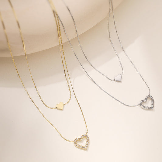 Minimalist Double Layer Heart Geometric Stainless Steel PVD Cubic Zirconia Necklace for Women