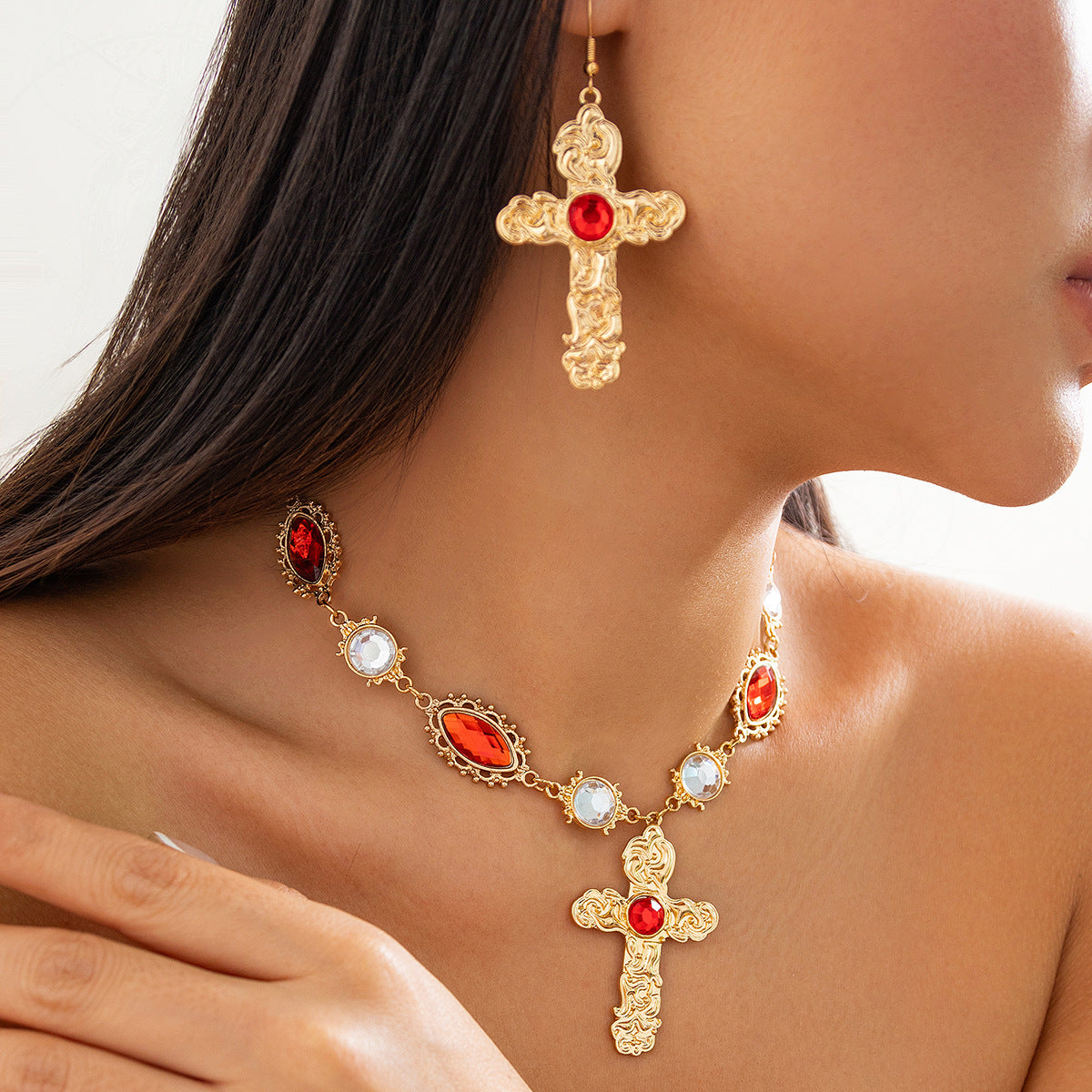 Exaggerated Cross Pendant Necklace for Women in Alloy with Rhinestone Inlay and Lava-Like Liquid Metal Design