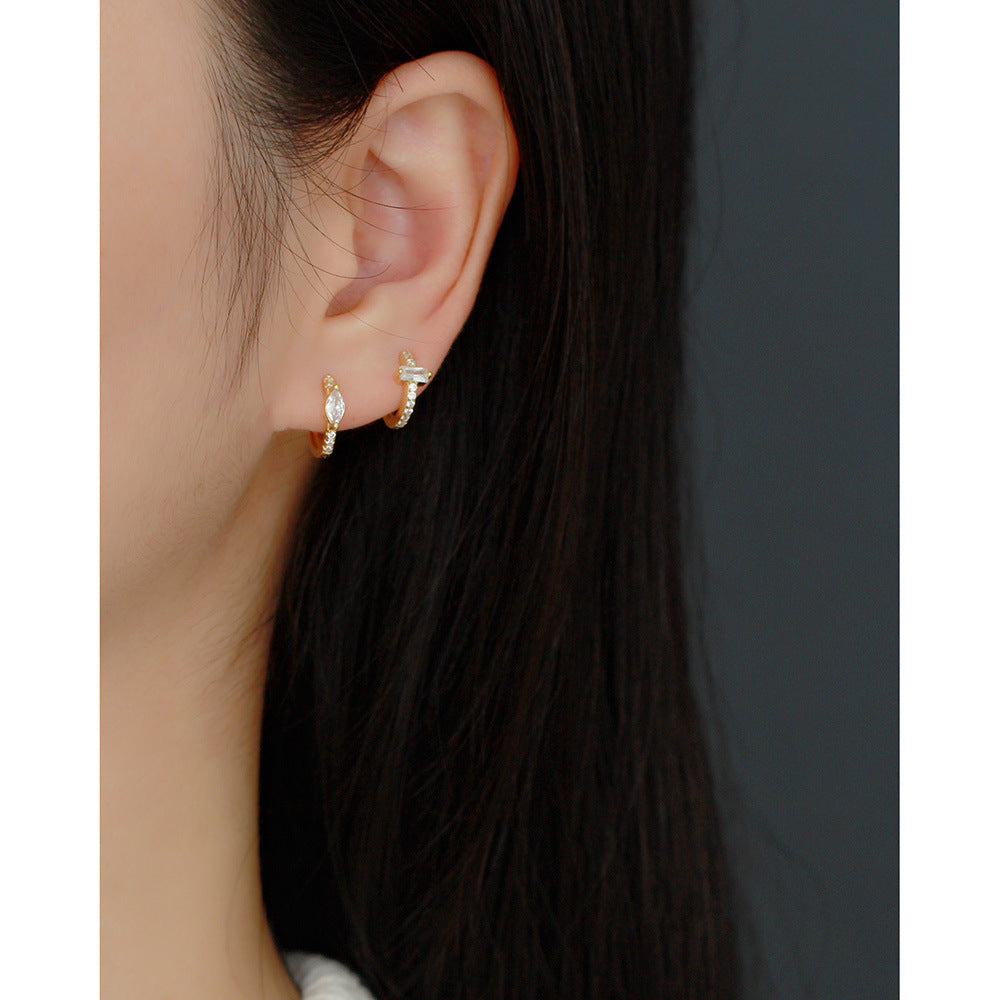 Minimalist Elegant 925 Sterling Silver Rectangle Geometric Inlaid Cubic Zirconia Hoop Earrings