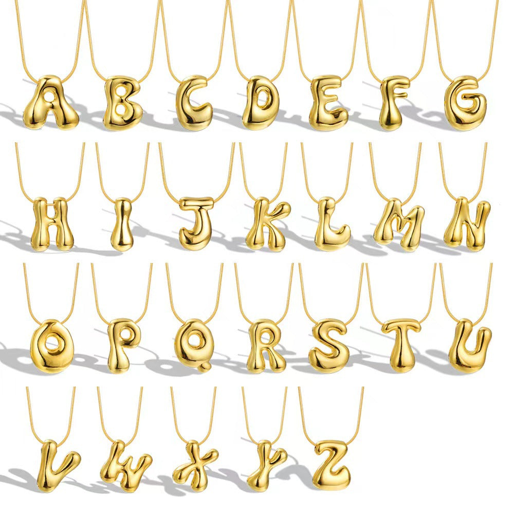 Luxury Balloon Bubble-Shaped Letter Necklace in Titanium Steel with Gold Plating, Snake Chain, Unisex Alphabet Pendant Jewelry