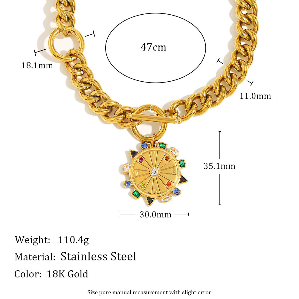 Collana con Pendente Bussola Geometrica di Tendenza in Acciaio Inossidabile con Placcatura Oro 18K per Donna