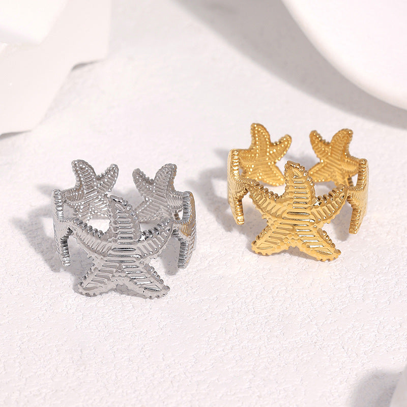 Natural Starfish Stainless Steel Plated Open Ring for Women