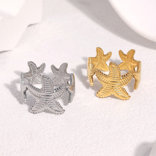 Natural Starfish Stainless Steel Plated Open Ring for Women