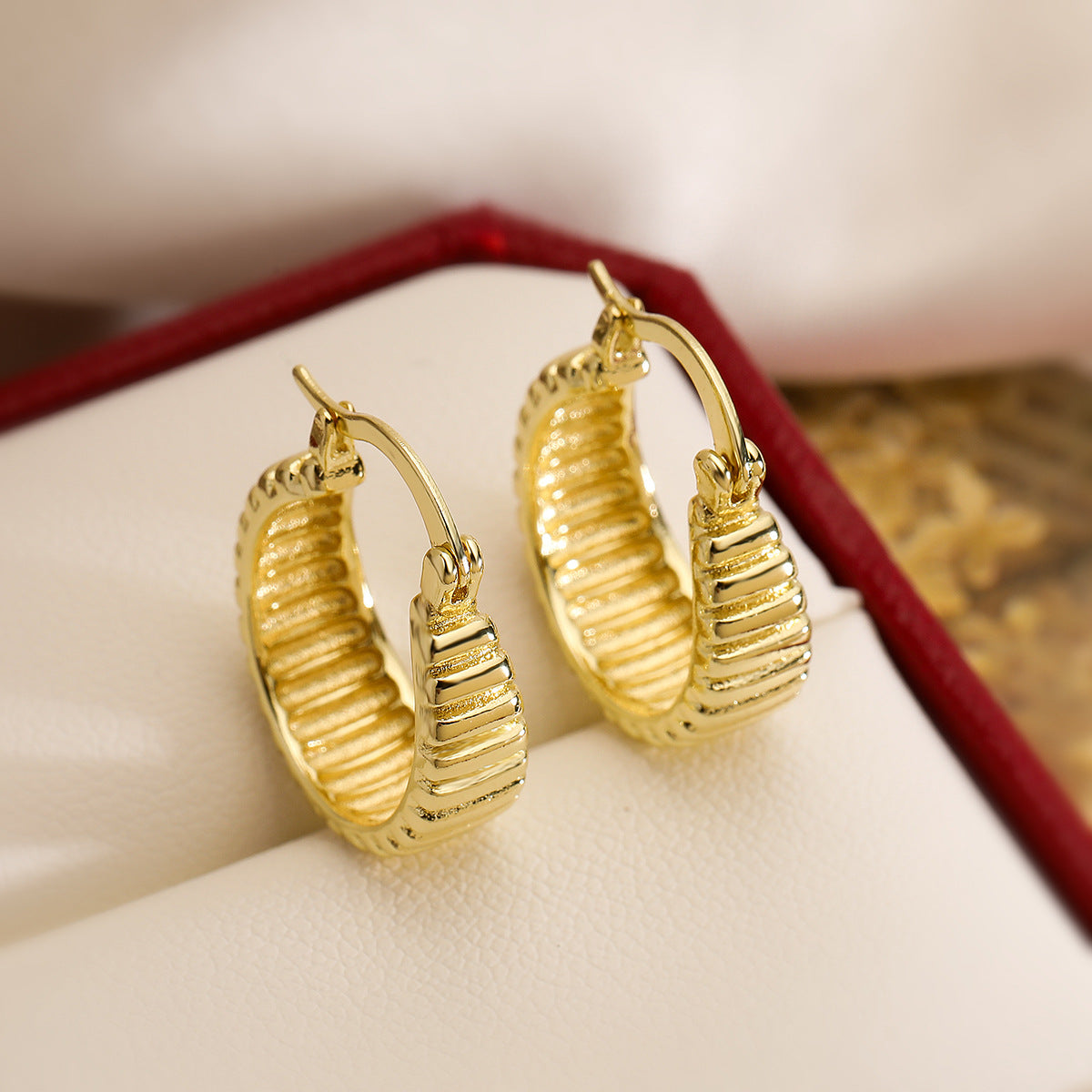 Minimalist Geometric Copper Earrings with Real Gold Plating for Women, Threaded Hoop Style
