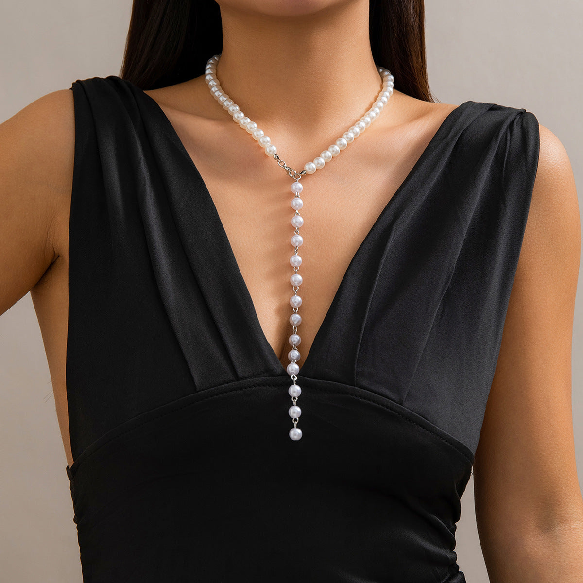 Rustic French-Style Y-Shaped Beaded Necklace with Pearl-Look Tassels and Plated Finish for Women