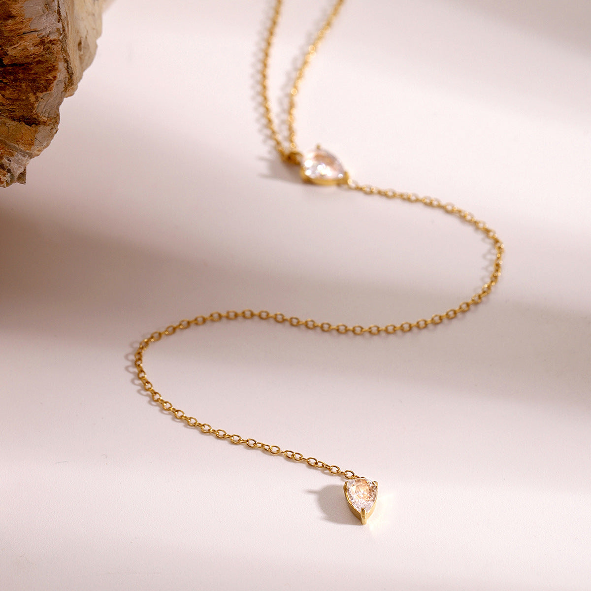 Sweet Geometric Teardrop Rhinestone Plated Stainless Steel Pendant Necklace for Women
