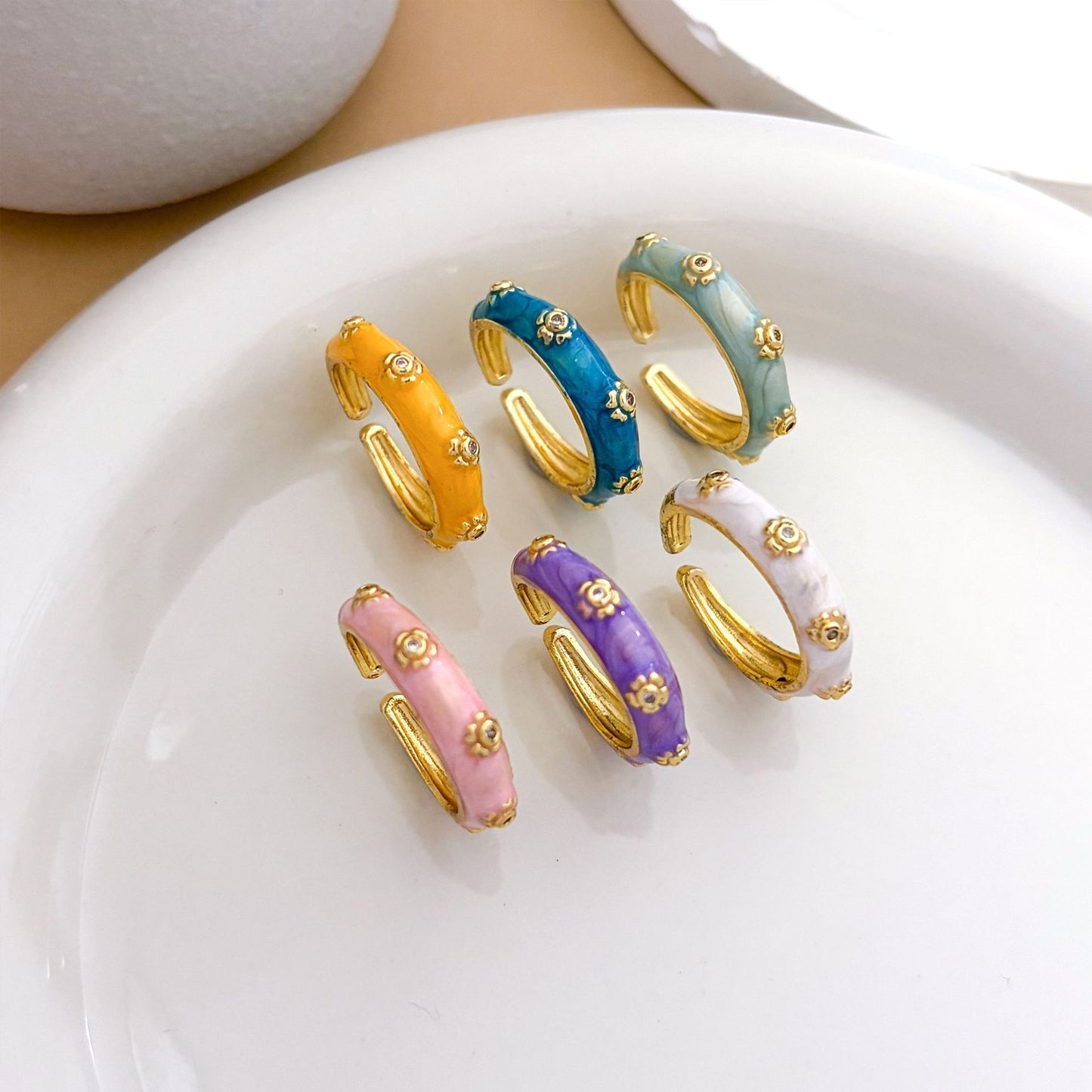 Vintage Sweet Floral Enamel Gold Plated Brass Open Ring for Women