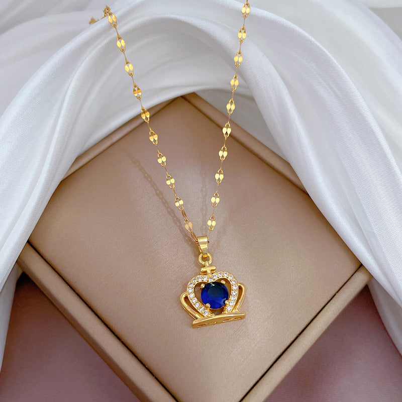 Luxury Blue Crown Pendant Necklace for Women Titanium Steel Geometric Locket Chain with Zircon Inlay