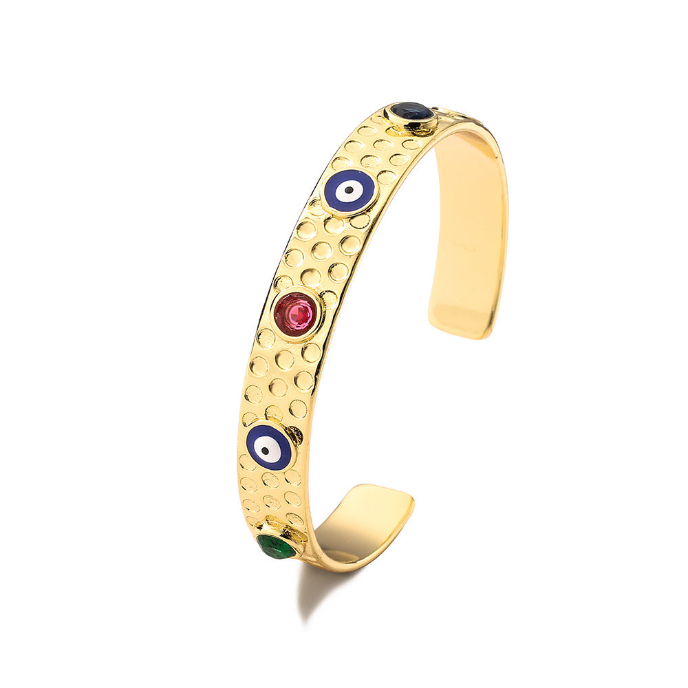 Bohemian Style Geometric Open Cuff Bracelet for Women with Copper Base Plated in Real Gold and Enamel Eye Design with Micro-Pave Zirconia