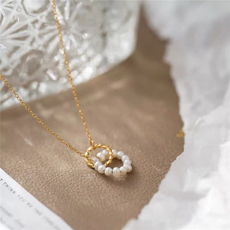 Minimalist Geometric Double Ring Titanium Steel Necklace with Pearl Accents for Women