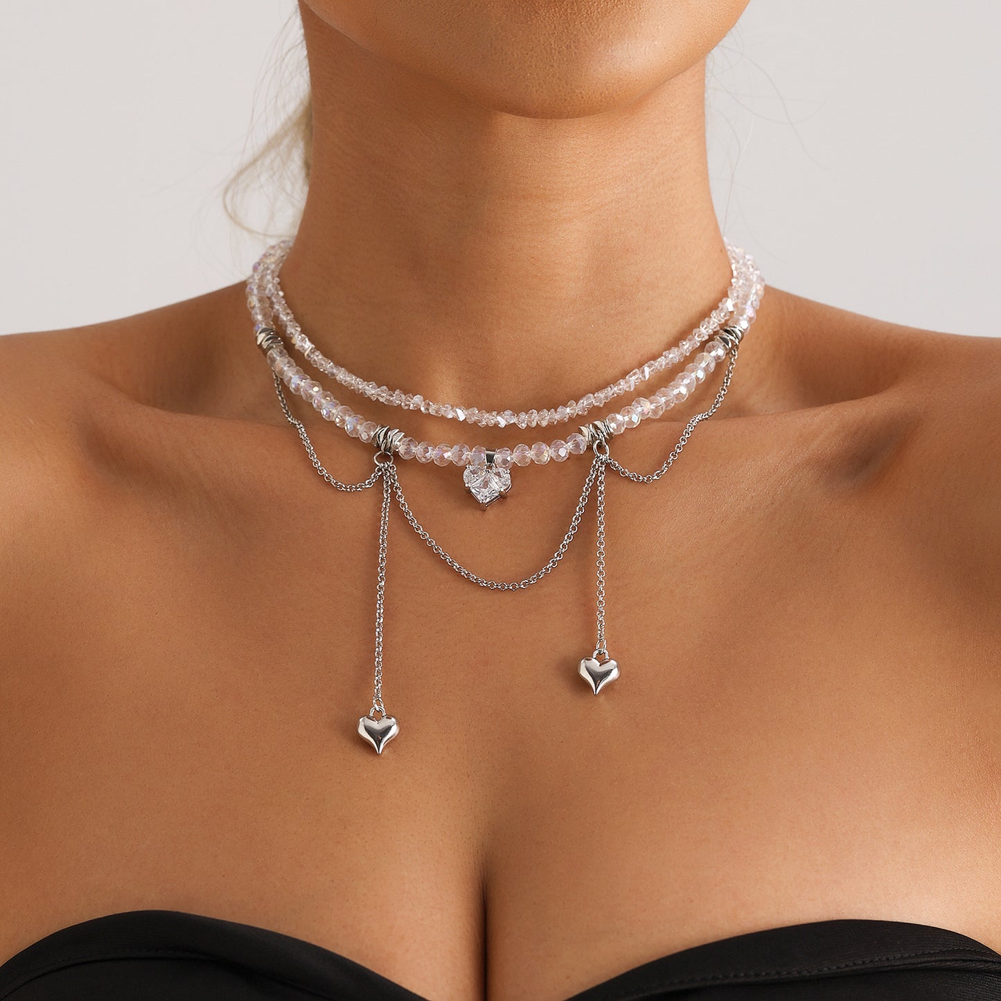 Minimalist Heart-Shaped Glass Pendant Necklace with Double Chain and Fringe Detail for Women
