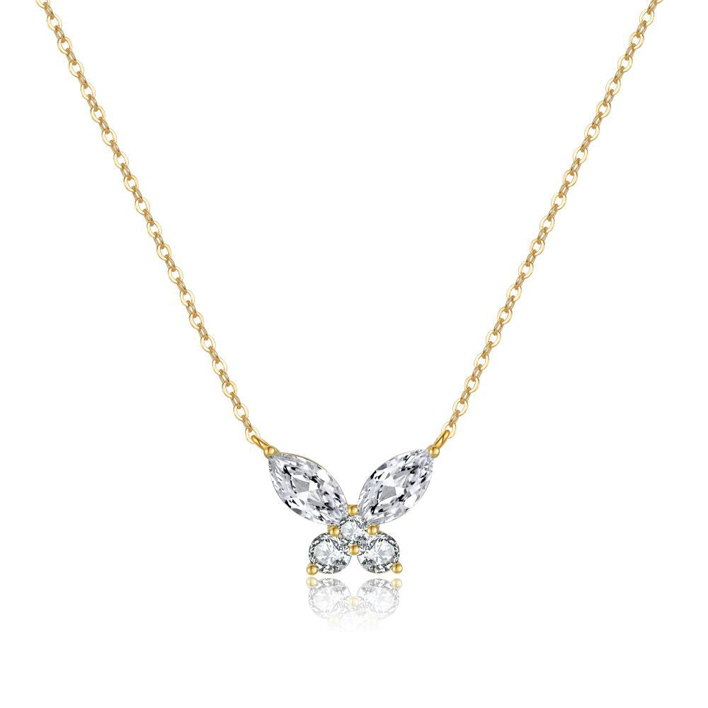 Butterfly-Shaped Pendant Necklace in Copper with Zircon Inlay, Gold-Plated, O-Chain, Fashionable Minimalist Clavicle Chain