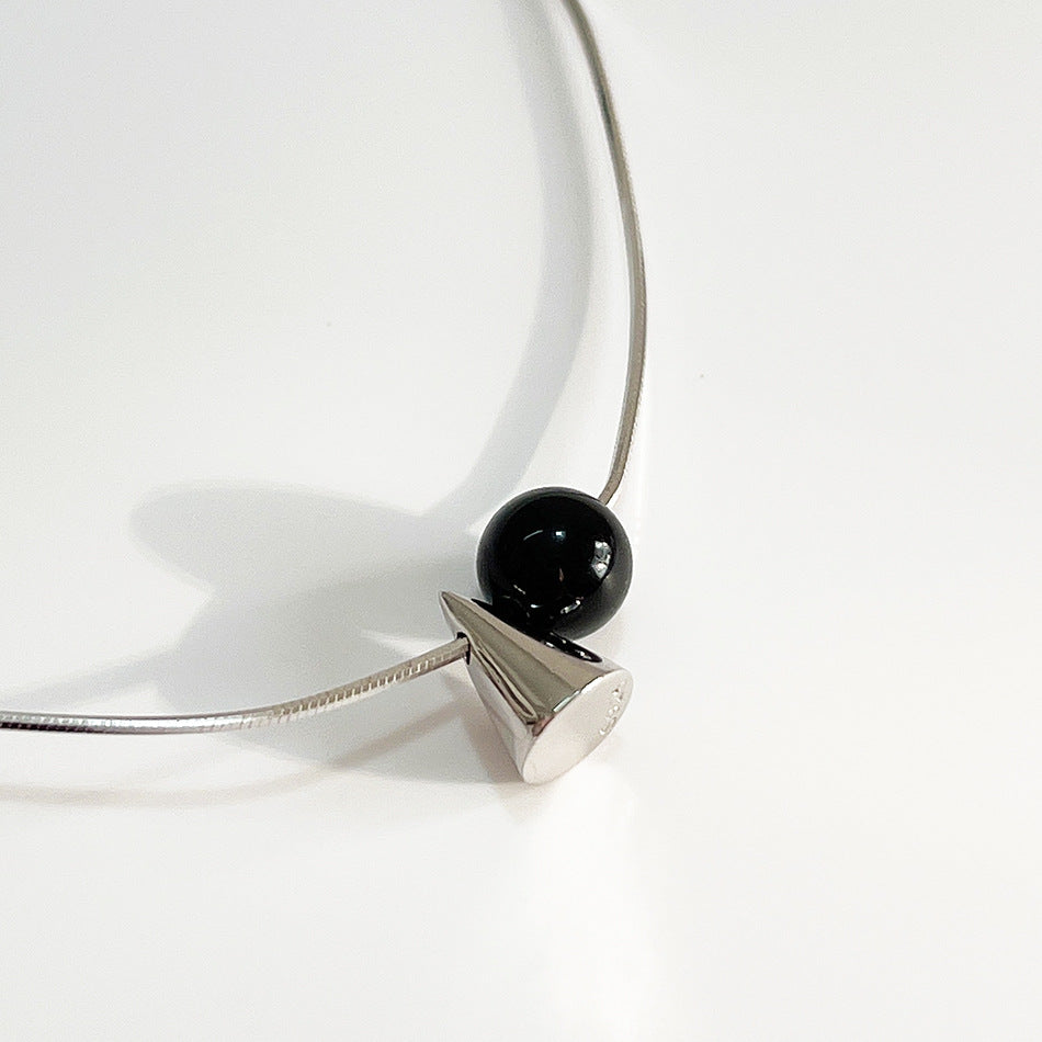 925 Sterling Silver Geometric Pendant Necklace with Black Onyx Inlay Minimalist Fashion Commuter Jewelry