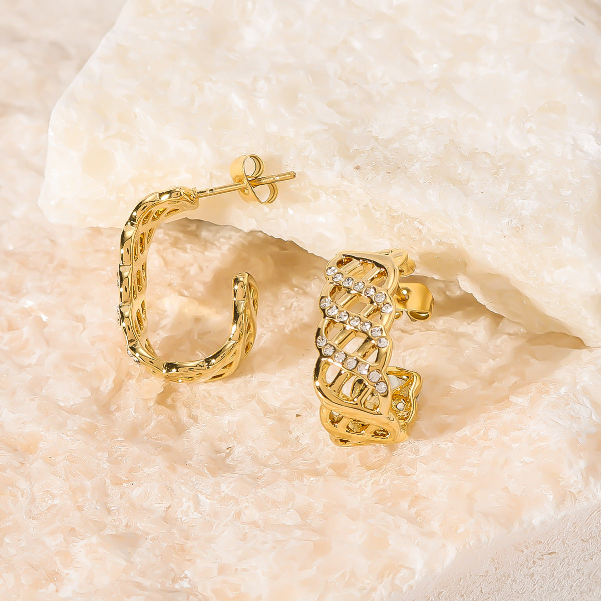 Geometric Stainless Steel Earrings with Plated 18K Gold Finish, Hollow Grid Pattern and Full Rhinestone Inlay for Women